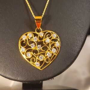 111. Gold Over Sterling Rhinestone Heart  Necklace 18"